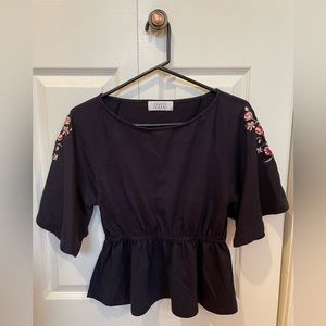 Japanese embroidered dark blue flowy top, Lowrys Farm, size M (fits like S)